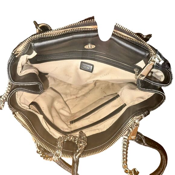 GUESS Holly Status Carryall Black Purse Handbag Silver Chain Clutch Handle - Picture 6 of 7